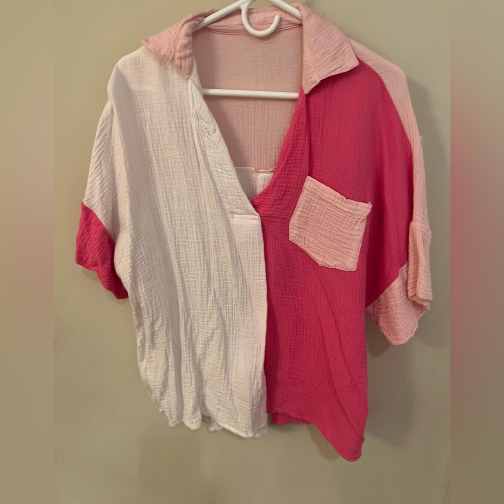 Pink color block shirt w button detailed back. waffle material. Worn once.